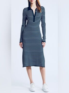 BOSS Filblue Dress XL Navy Ivory Stripe Ribbed Knit Polo Midi Sweater Dress